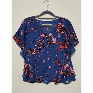 NWOT RACHEL Rachel Roy Blue Floral Flutter Sleeve Blouse Size Large